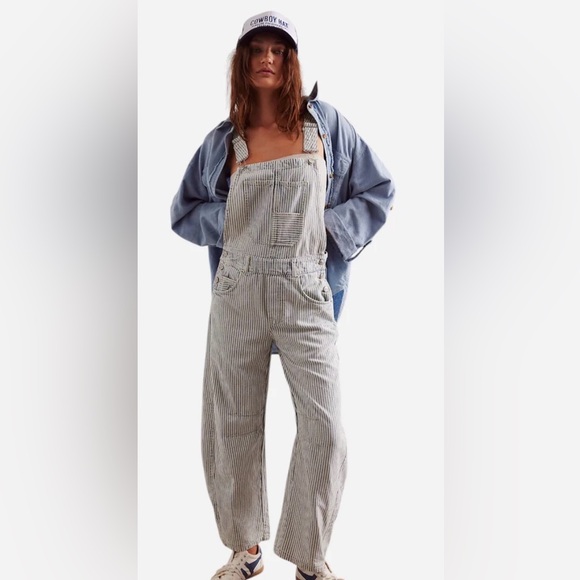 We The Free Good Luck Stripe Barrel Leg Overalls Size Large NWOT - Picture 2 of 7